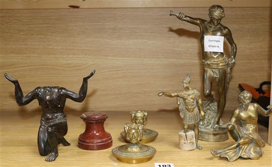 A bronze figure of David and Goliath and three other bronzes